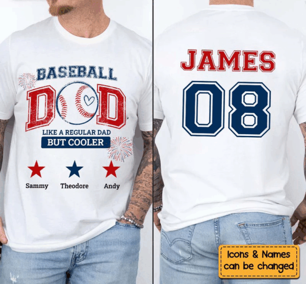 4th of July Baseball Dad Shirt – Personalized Gift with Double-sided Printing - Image 2