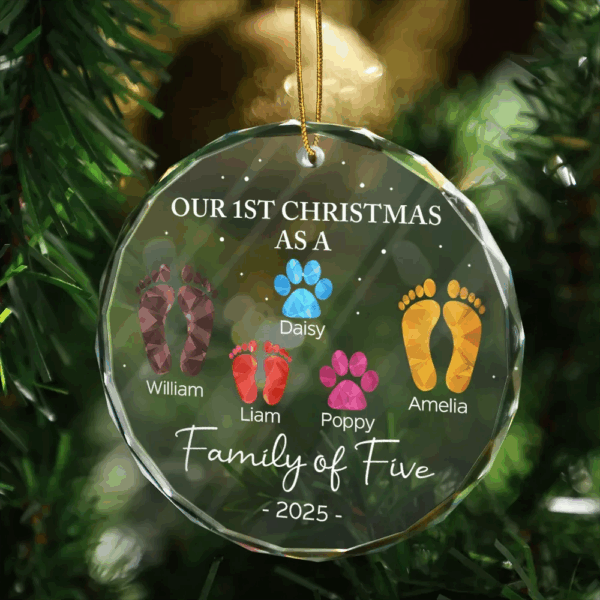 First Christmas As A Family Of Four Footprints - Personalized Circle Glass Ornament - Image 3