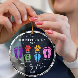 Alternative view of First Christmas As A Family Of Four Footprints - Personalized Circle Glass Ornament