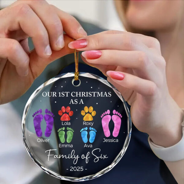 First Christmas As A Family Of Four Footprints - Personalized Circle Glass Ornament - Image 2