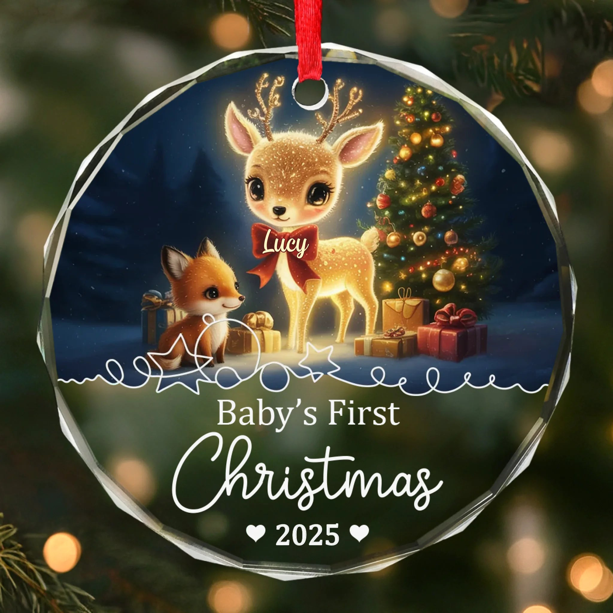 Baby’s First Christmas Glass Ornament 2025 – Personalized Deer & Fox Ornament, Custom Keepsake Gift for New Parents, Newborn Baby, and Baby Shower