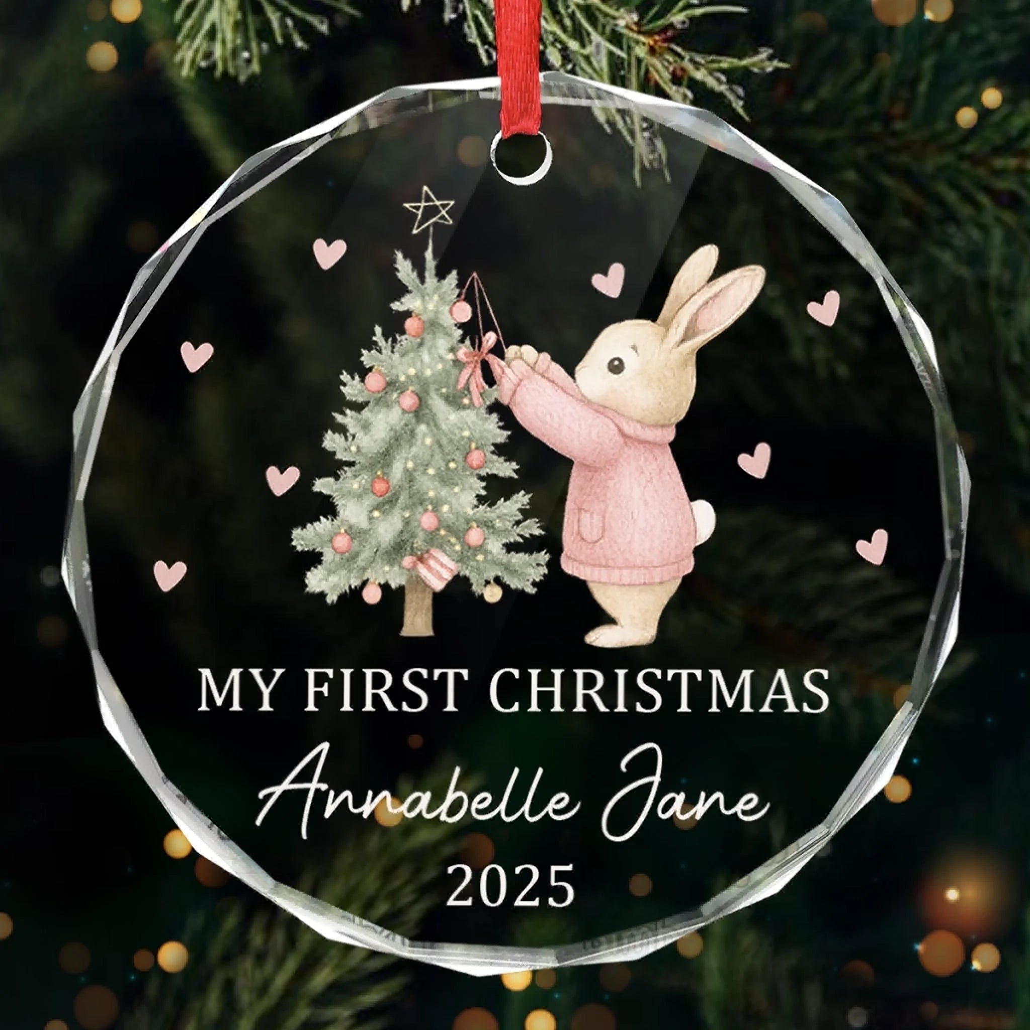 My First Christmas Glass Ornament 2025 – Personalized Bunny Ornament for Baby Girl or Boy, Custom Keepsake Gift for New Parents and Baby Shower - Image 3