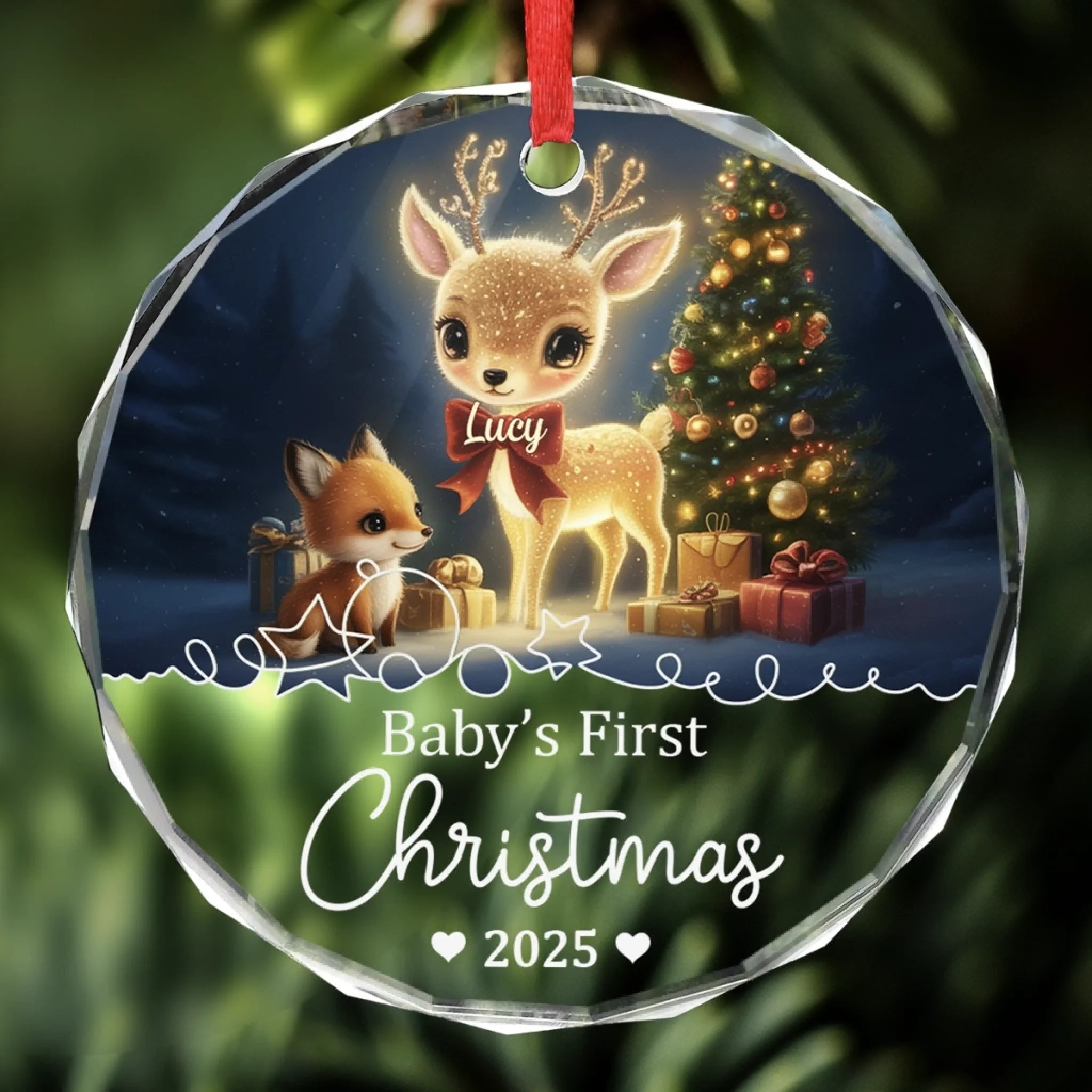 Baby’s First Christmas Glass Ornament 2025 – Personalized Deer & Fox Ornament, Custom Keepsake Gift for New Parents, Newborn Baby, and Baby Shower - Image 3
