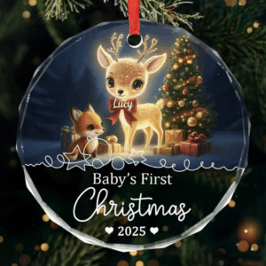 Alternative view of Baby’s First Christmas Glass Ornament 2025 – Personalized Deer & Fox Ornament, Custom Keepsake Gift for New Parents, Newborn Baby, and Baby Shower