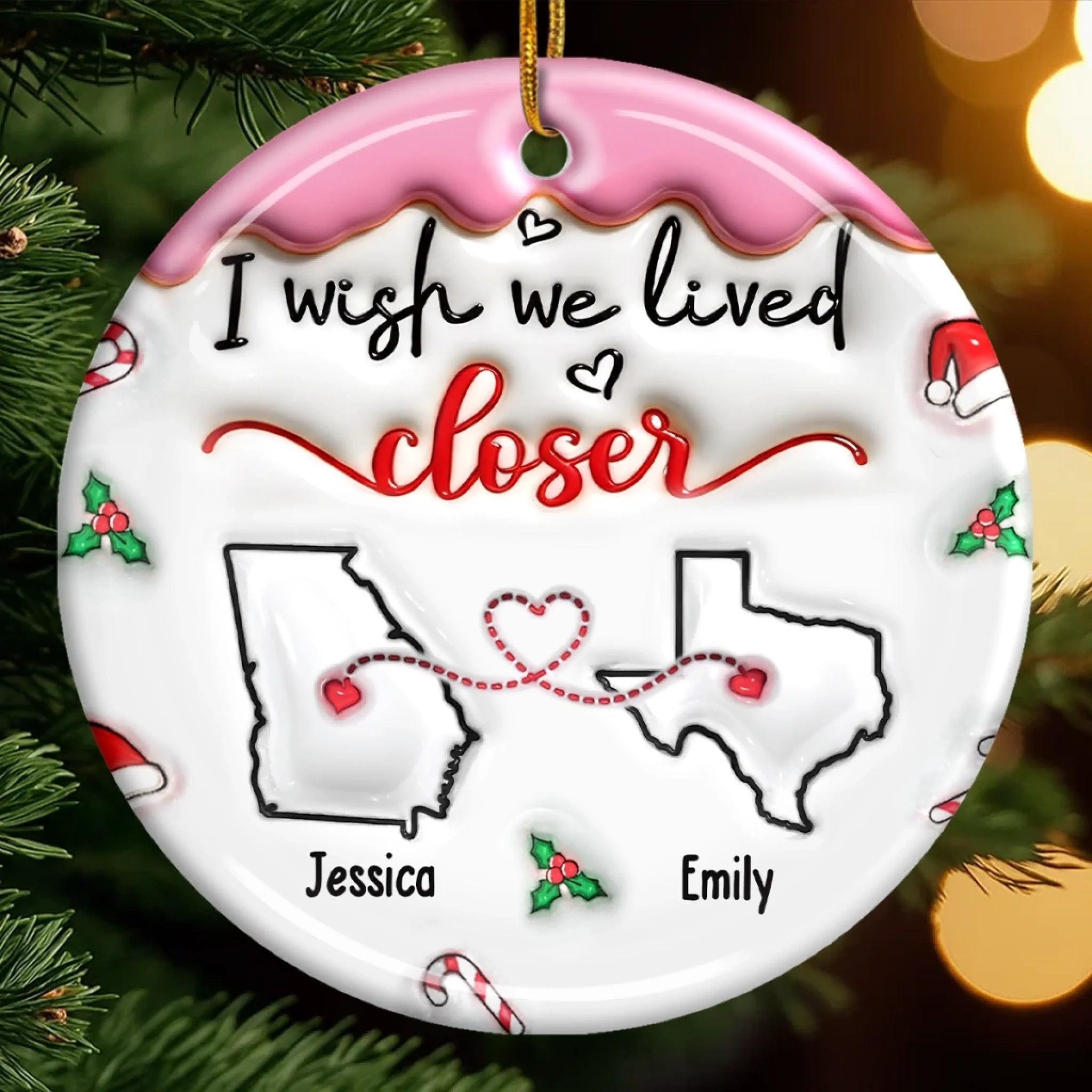 Personalized Long Distance Ornament – “I Wish We Lived Closer” Custom Ceramic Christmas Gift for Best Friends, Sisters, Long-Distance Couples