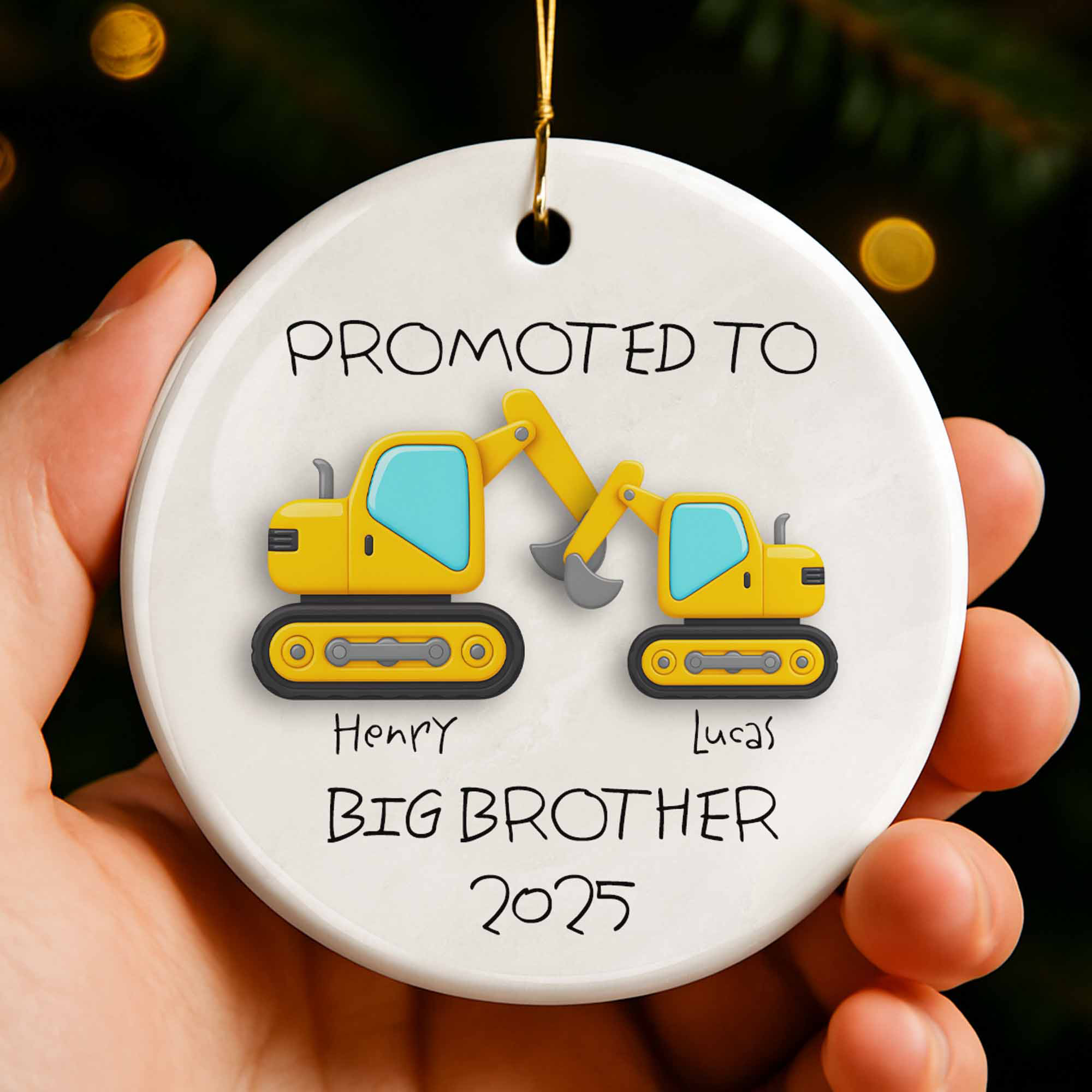 Promoted To Big Brother 2025 Excavator Ornament – Personalized Ceramic Christmas Gift For Boys, Siblings, Family Keepsake