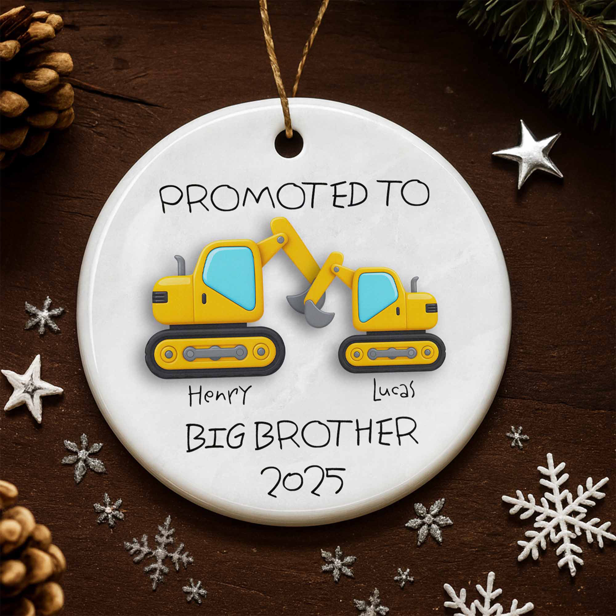 Promoted To Big Brother 2025 Excavator Ornament – Personalized Ceramic Christmas Gift For Boys, Siblings, Family Keepsake - Image 5