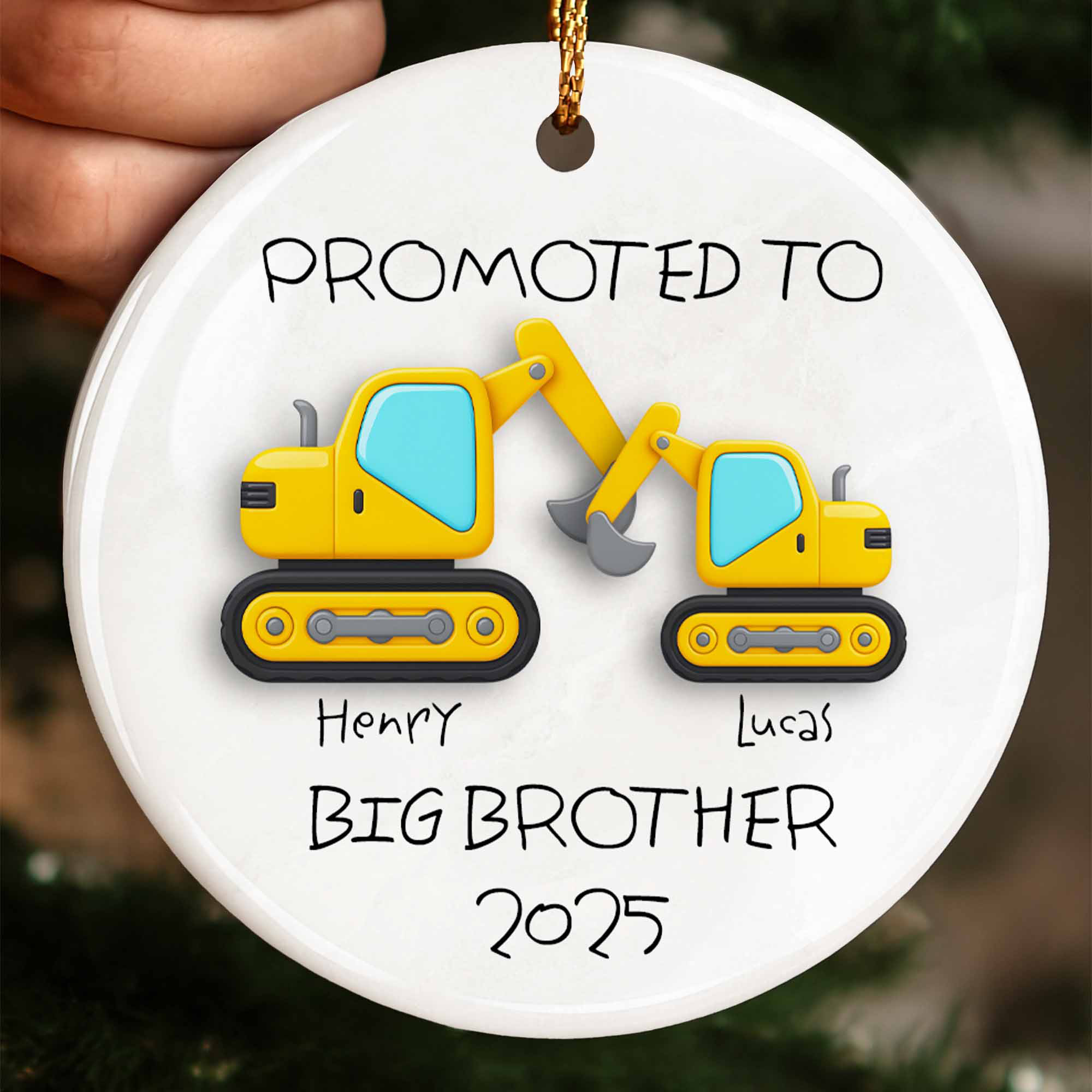 Promoted To Big Brother 2025 Excavator Ornament – Personalized Ceramic Christmas Gift For Boys, Siblings, Family Keepsake - Image 4
