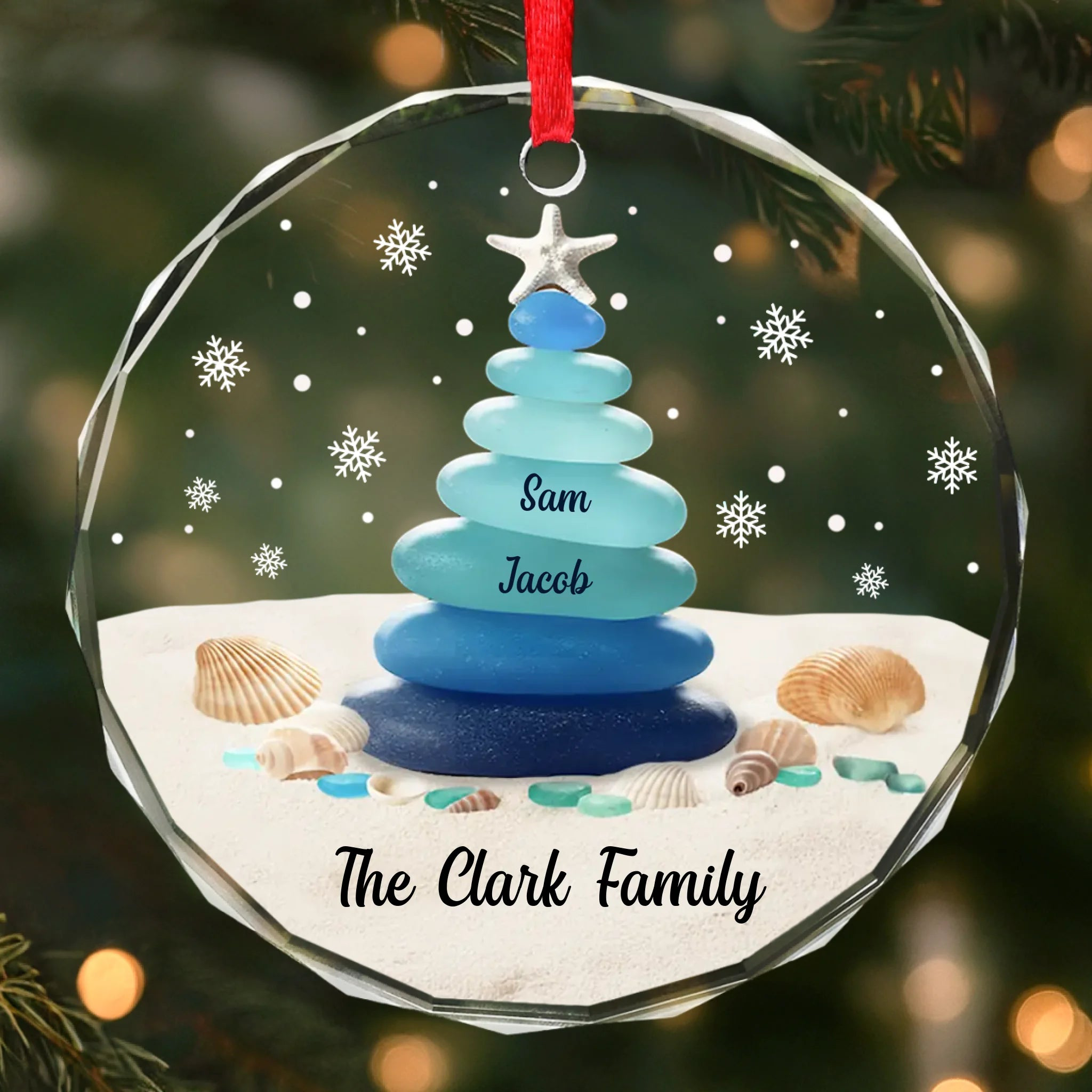 Personalized Family Sea Glass Ornament 2025 – Custom Beach-Themed Christmas Tree Glass Keepsake for Families, Coastal Home Décor, and Ocean Lovers