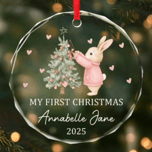 My First Christmas Glass Ornament 2025 – Personalized Bunny Ornament for Baby Girl or Boy, Custom Keepsake Gift for New Parents and Baby Shower