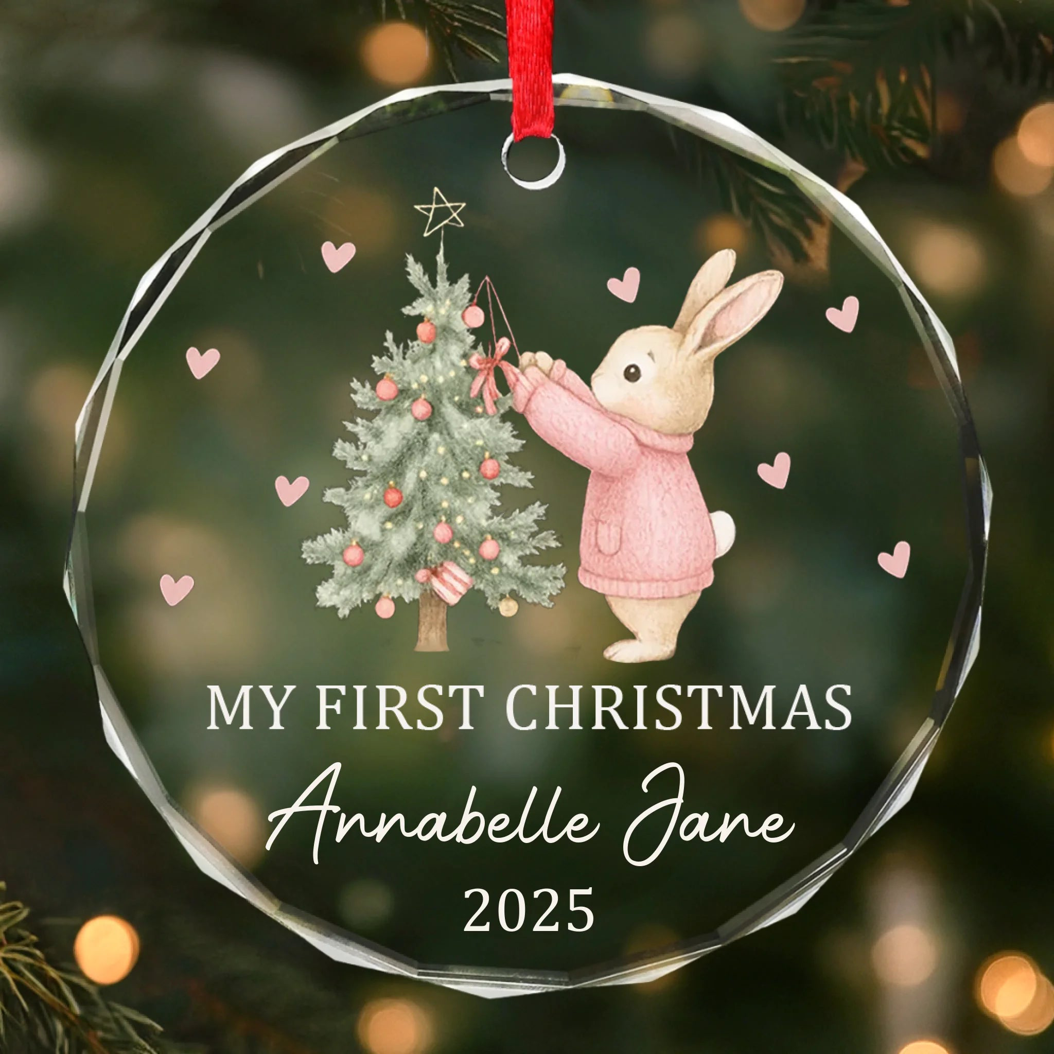 My First Christmas Glass Ornament 2025 – Personalized Bunny Ornament for Baby Girl or Boy, Custom Keepsake Gift for New Parents and Baby Shower