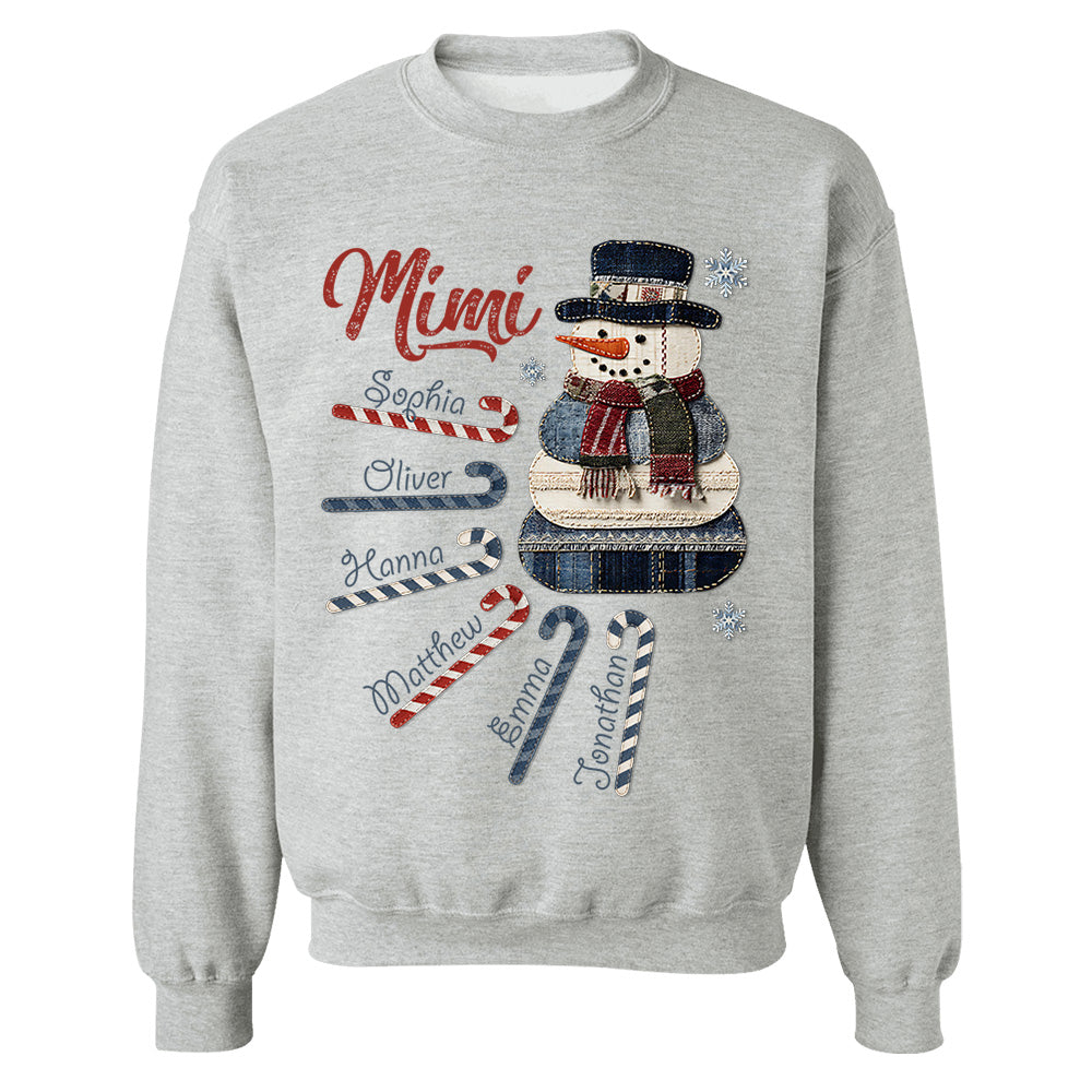 Personalized Mimi Christmas Sweatshirt with Grandkids’ Names – Cute Denim Snowman Gift for Grandma - Image 4