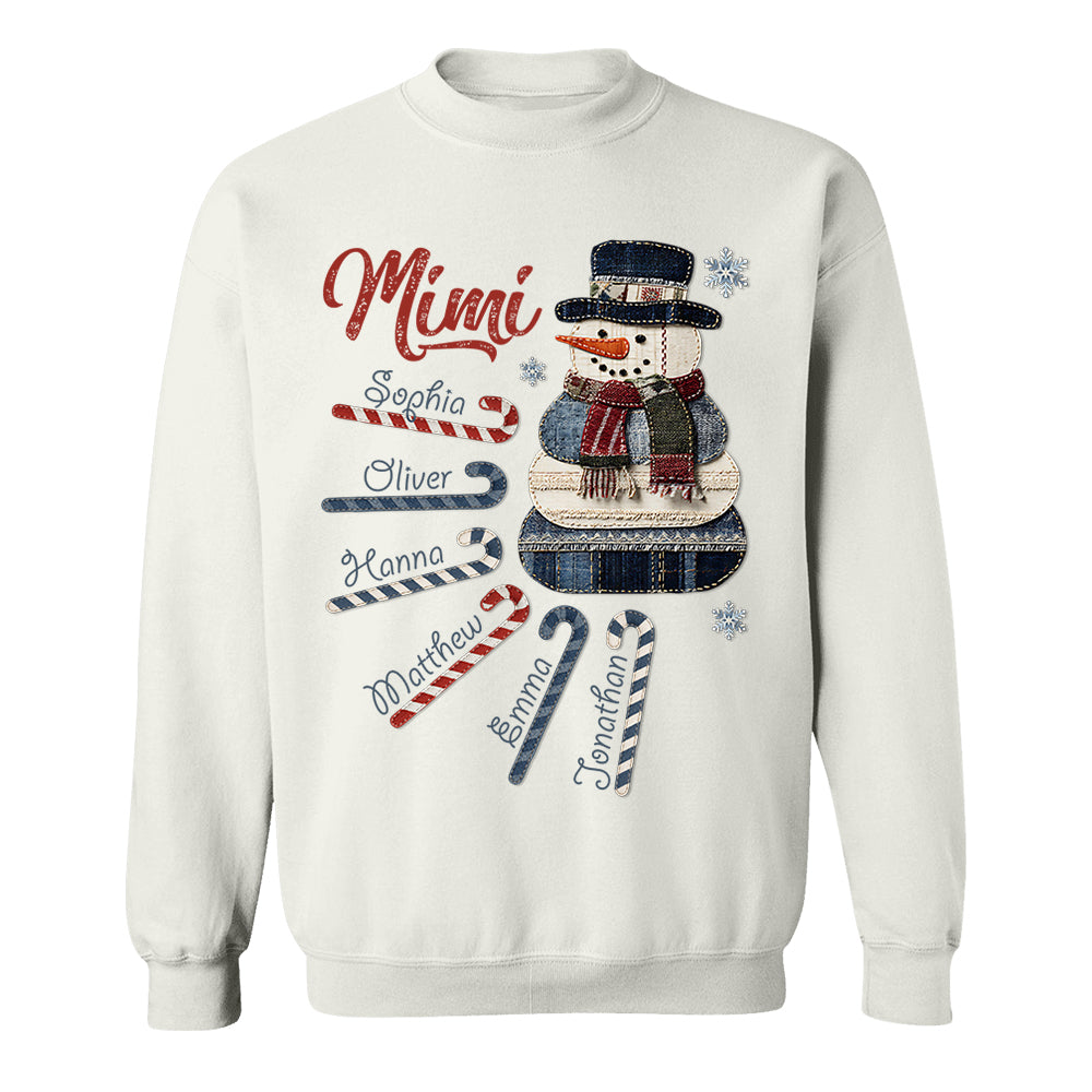 Personalized Mimi Christmas Sweatshirt with Grandkids’ Names – Cute Denim Snowman Gift for Grandma - Image 6