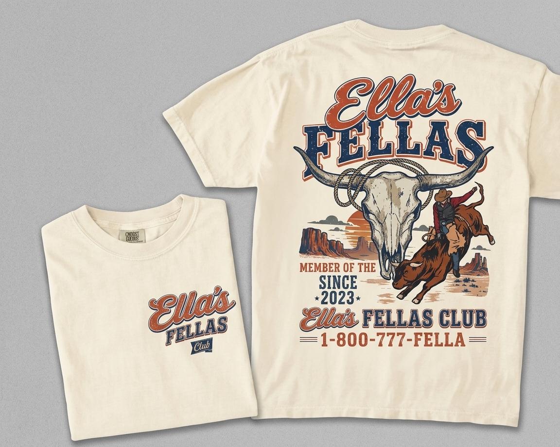 Ella\s Fellas Club Rodeo Graphic T-shirt Vintage Western Bull Rider Tee Western Country Concert Tee Ella Fella Cowboy Shirt SKUTHAEVIC --porcelain