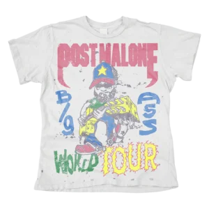White t-shirt featuring screen printed graphics on front
